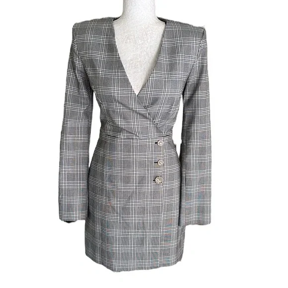 Zara Black & White Plaid Wrap Front Rhinestone Button Blazer Mini Dress - XS - Picture 16 of 16
